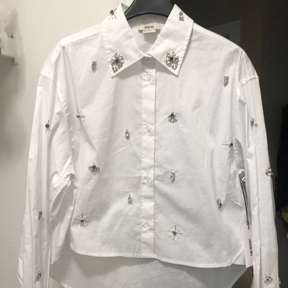 NWT high quality Jason Wu white embellished high low shirt